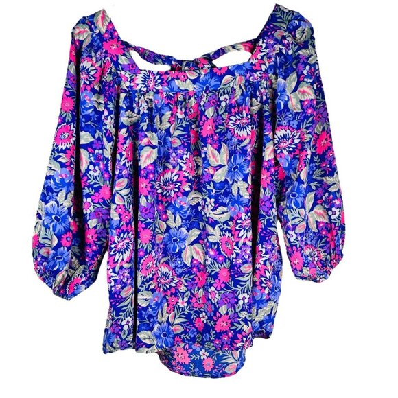 2/$30 Floral Flowy Boho Blouse Medium Open Back Preppy Bow - Picture 1 of 5